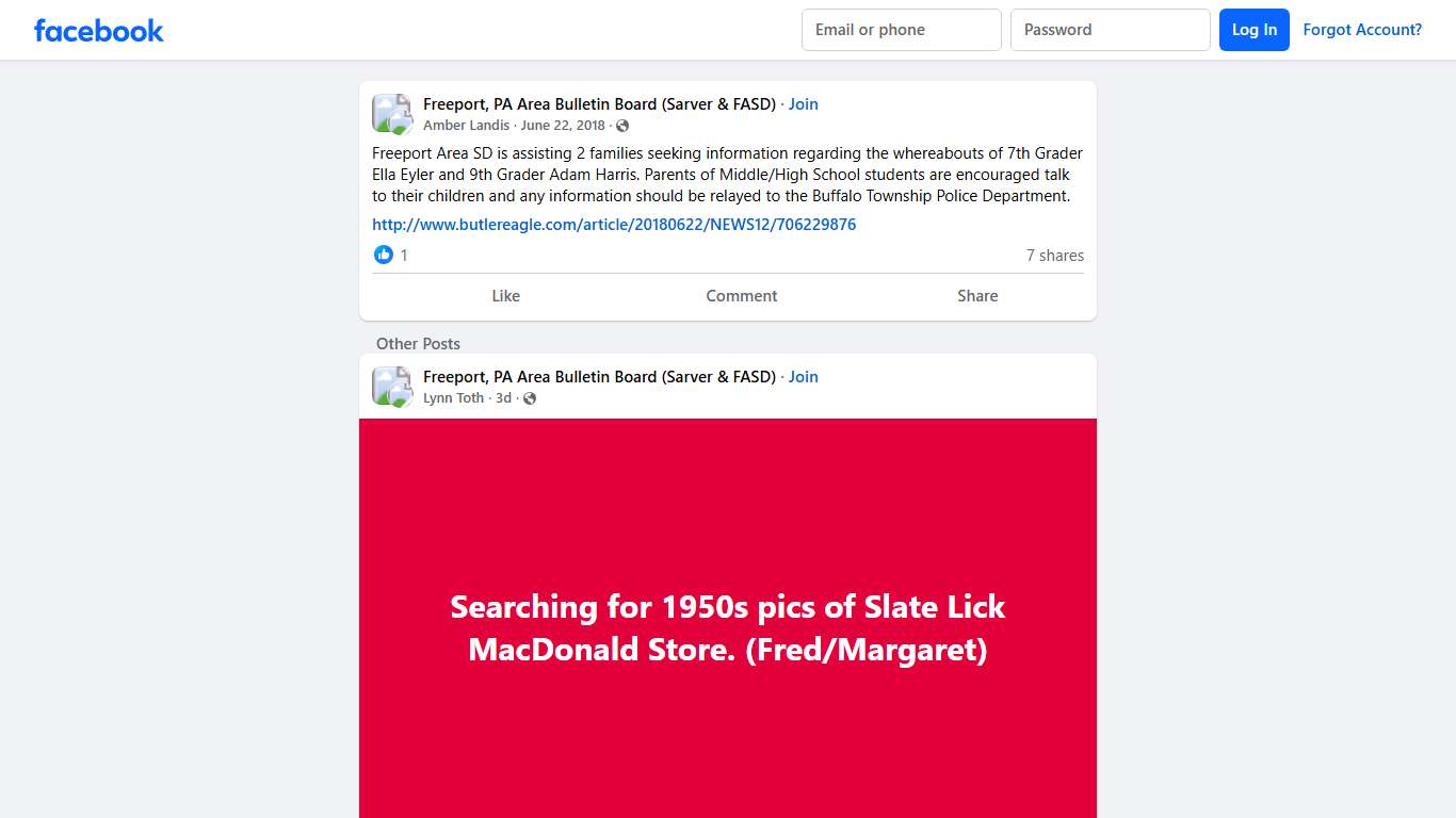 Freeport, PA Area Bulletin Board (Sarver & FASD) | Freeport Area SD is assisting 2 families seeking information regarding the whereabouts of 7th Grader Ella Eyler and 9th Grader Adam Harris | Facebook