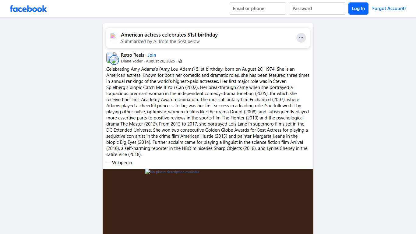 Retro Reels | Celebrating Amy Adams’s (Amy Lou Adams) 51st birthday, born on August 20, 1974 | Facebook